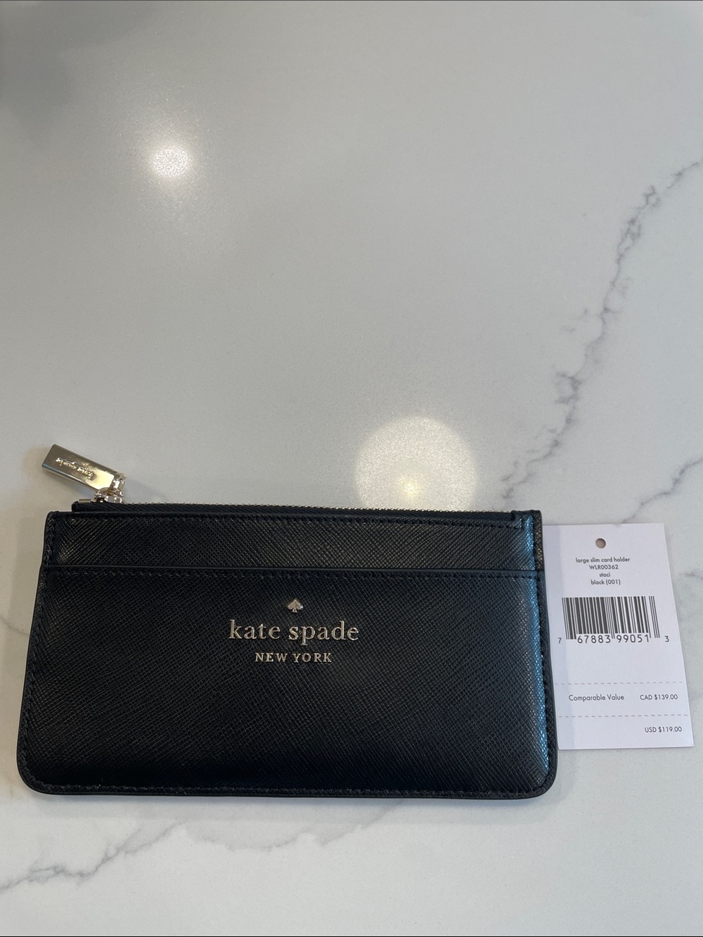 kate spade Black Saffiano Zip Card Wallet with Gold Logo
